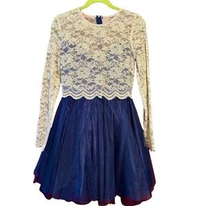 TEEZE ME short PARTY SOCIAL DRESS SIZE 3 Navy BLUE Tulle LACE BODICE Long sleeve